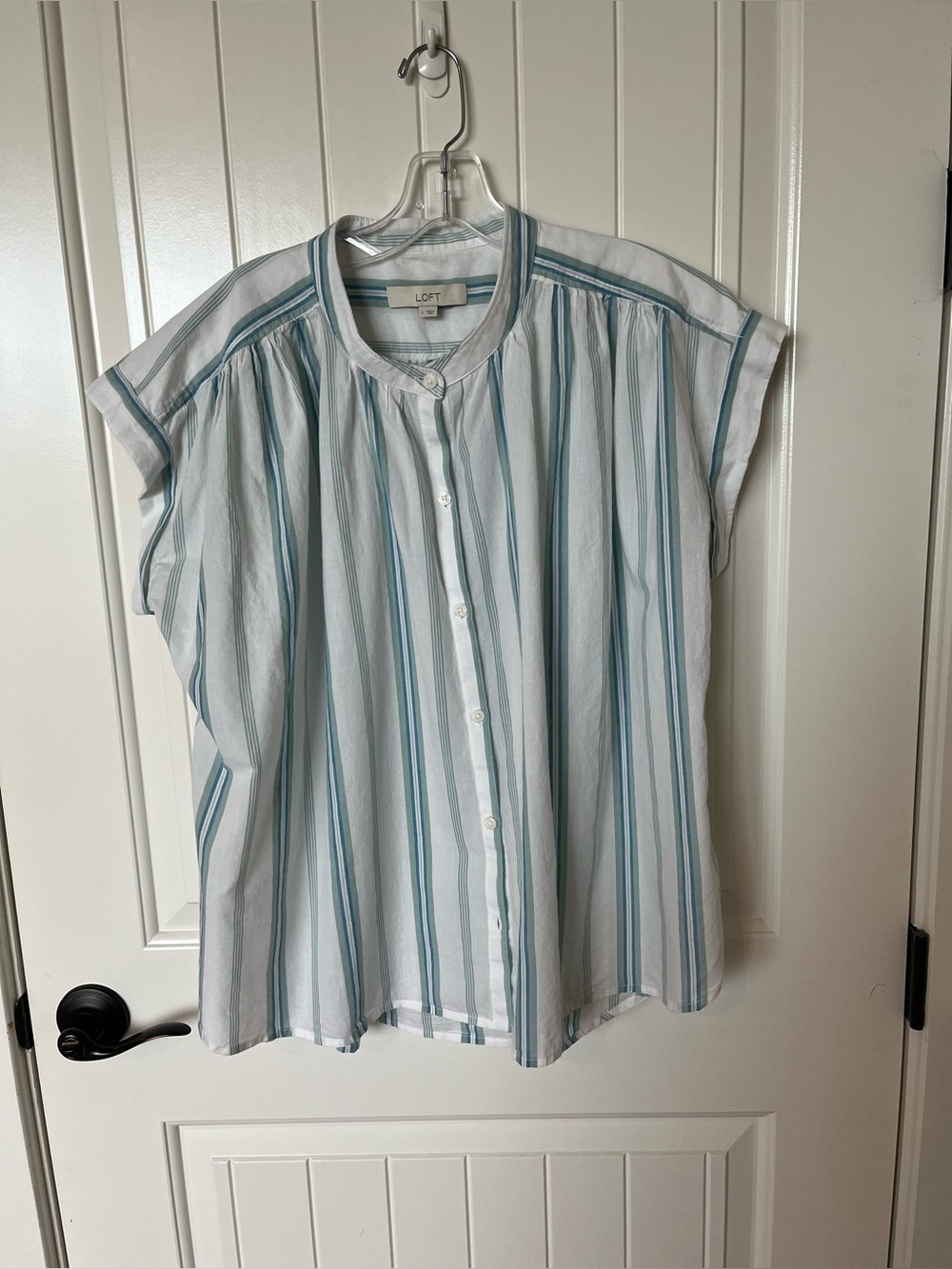 LOFT White Shirt with Teal Stripe Short-Sleeve Button-Front